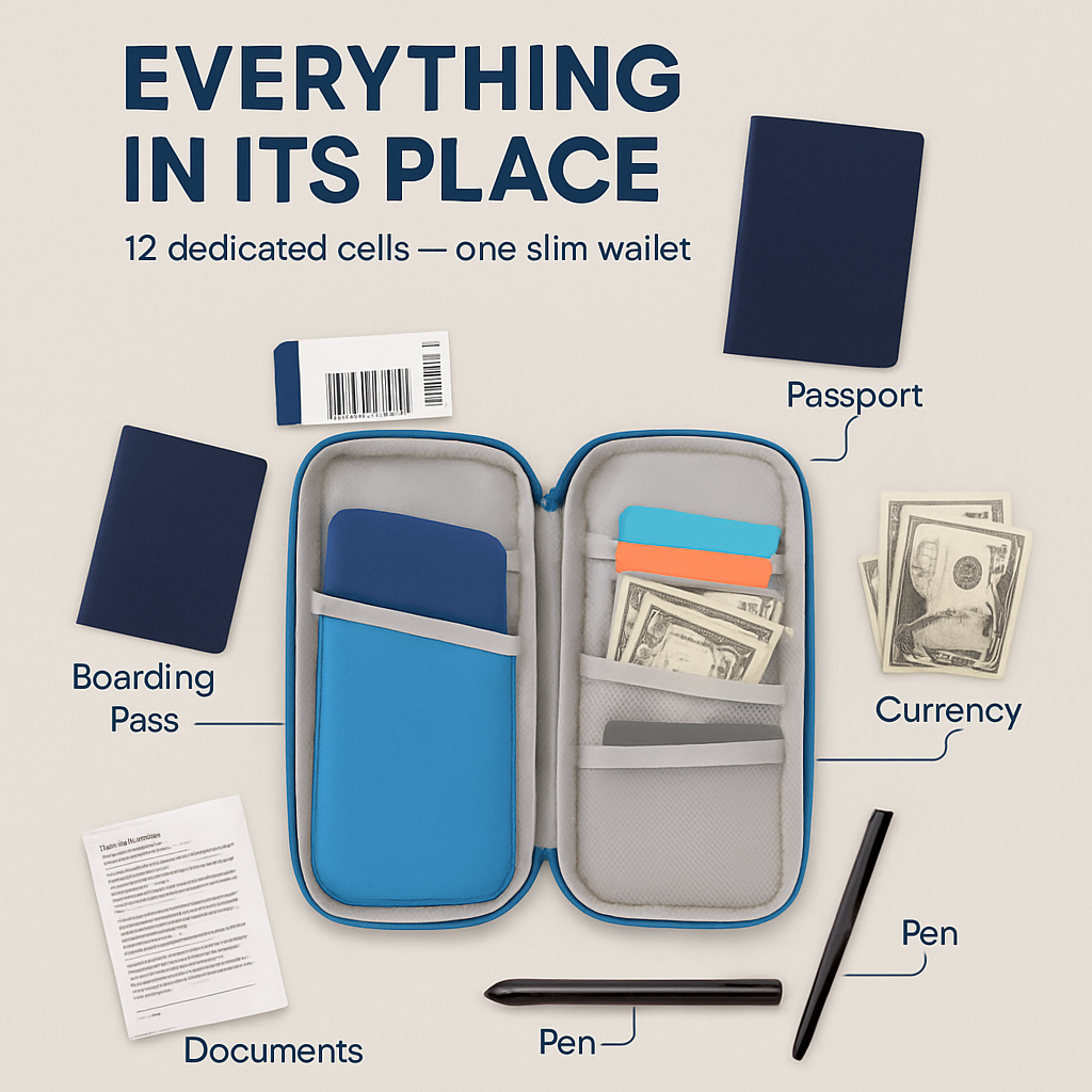 Cartera de viaje para pasaporte con 12 compartimentos, organizador de documentos, tarjetas de crédito, identificación y teléfono, estuche resistente al agua con cremallera para viajes de negocios y uso diario