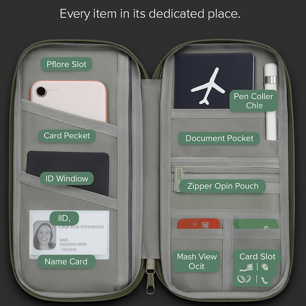 Cartera de viaje para pasaporte con 12 compartimentos, organizador de documentos, tarjetas de crédito, identificación y teléfono, estuche resistente al agua con cremallera para viajes de negocios y uso diario