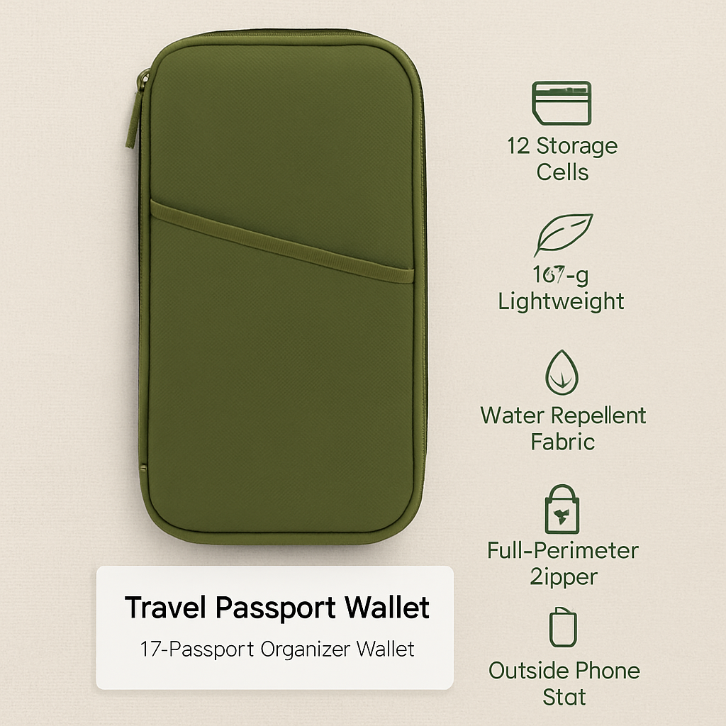 Cartera de viaje para pasaporte con 12 compartimentos, organizador de documentos, tarjetas de crédito, identificación y teléfono, estuche resistente al agua con cremallera para viajes de negocios y uso diario