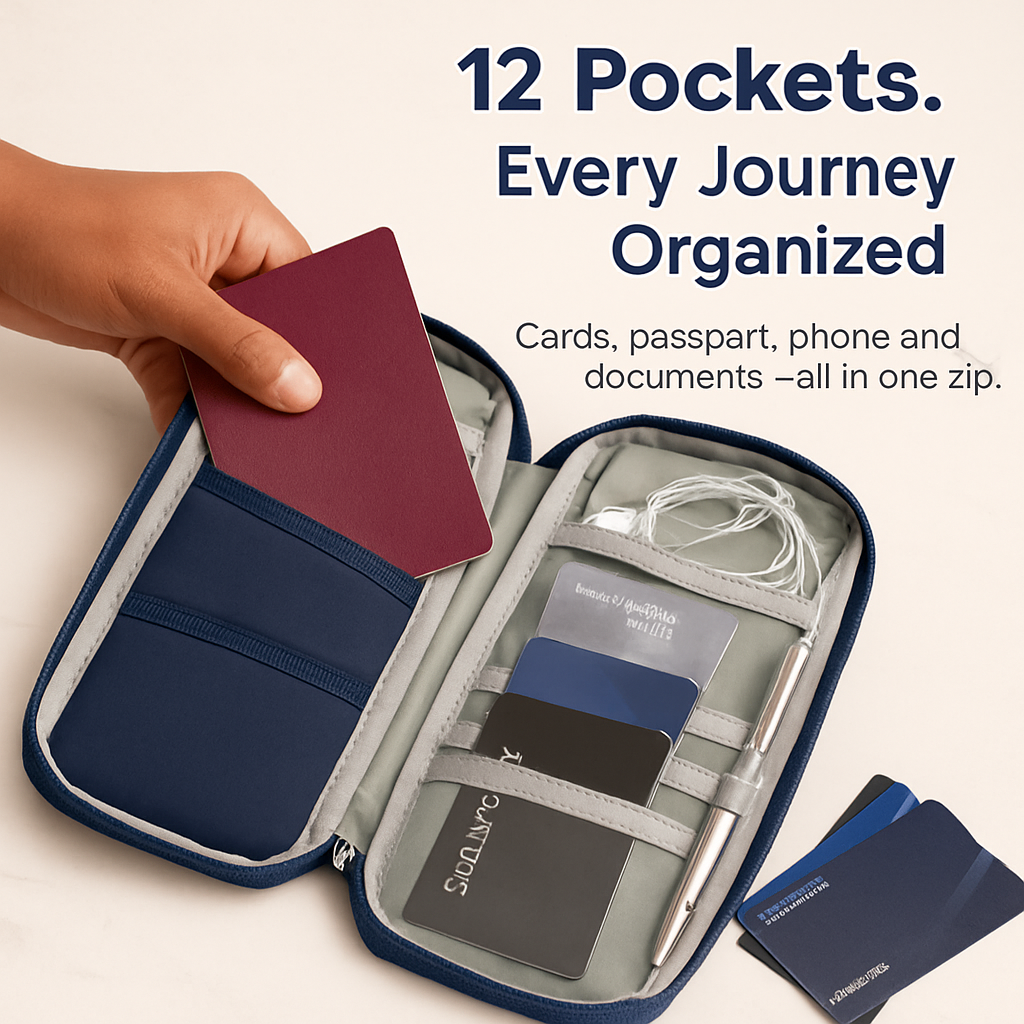 Cartera de viaje para pasaporte con 12 compartimentos, organizador de documentos, tarjetas de crédito, identificación y teléfono, estuche resistente al agua con cremallera para viajes de negocios y uso diario