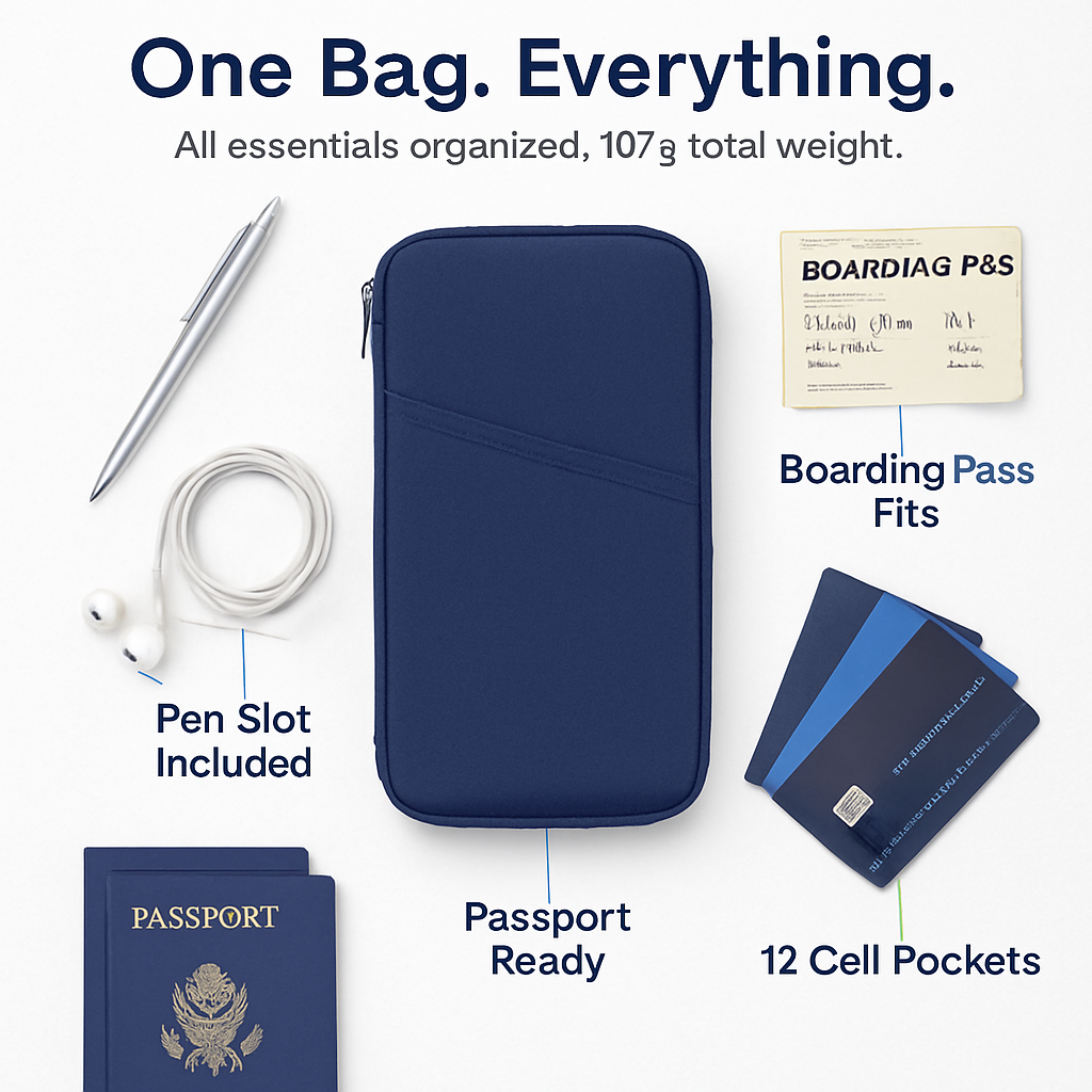 Cartera de viaje para pasaporte con 12 compartimentos, organizador de documentos, tarjetas de crédito, identificación y teléfono, estuche resistente al agua con cremallera para viajes de negocios y uso diario