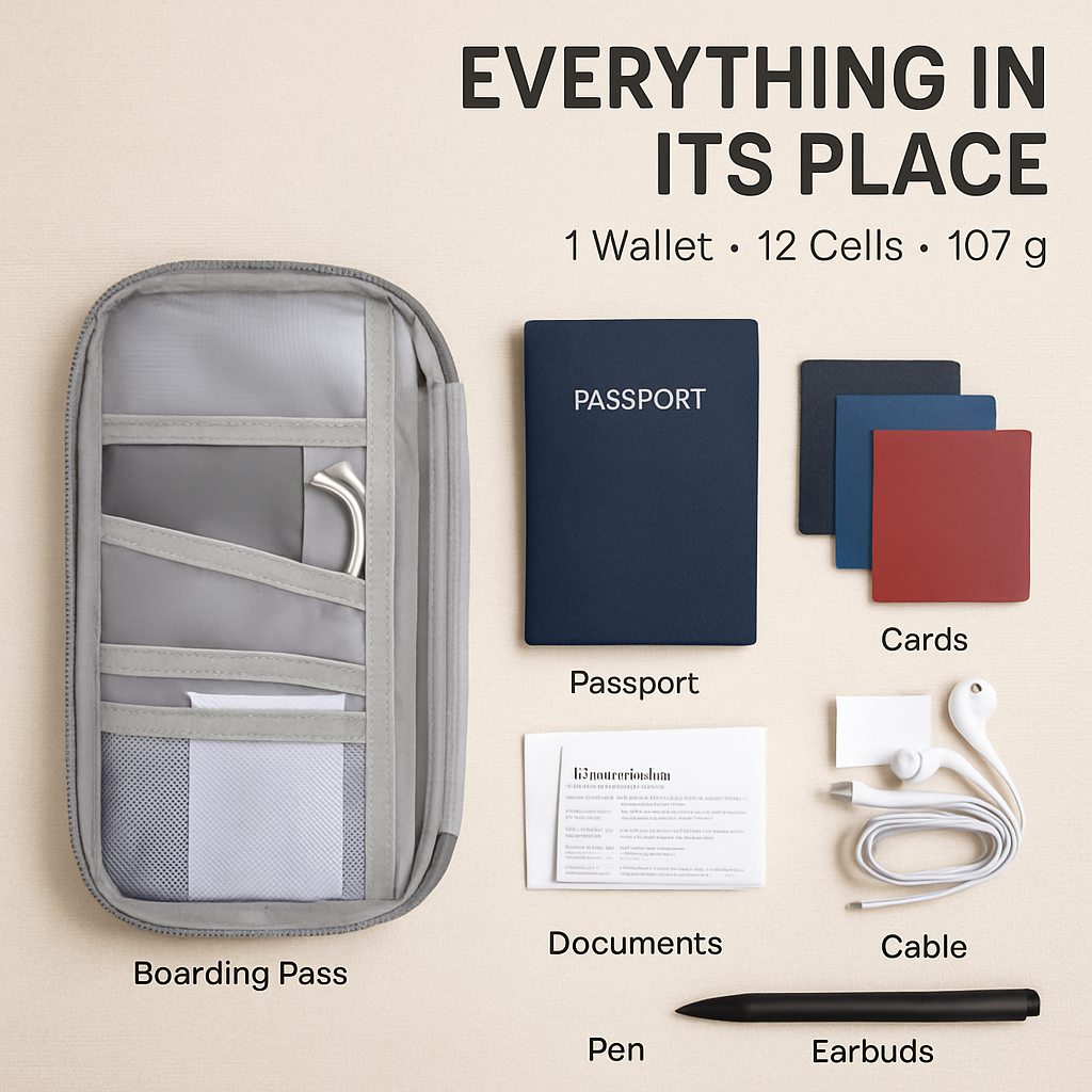 Cartera de viaje para pasaporte con 12 compartimentos, organizador de documentos, tarjetas de crédito, identificación y teléfono, estuche resistente al agua con cremallera para viajes de negocios y uso diario