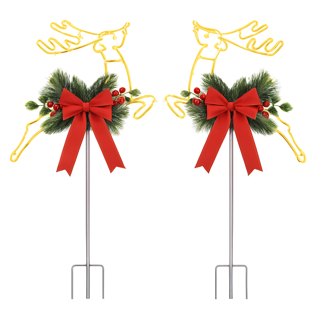 2Pcs Christmas Lighted Reindeer Decoration LED Pathway Stake Lights Battery Powered for Outdoor Garden Lawn Porch Front Door Patio Holiday Decor