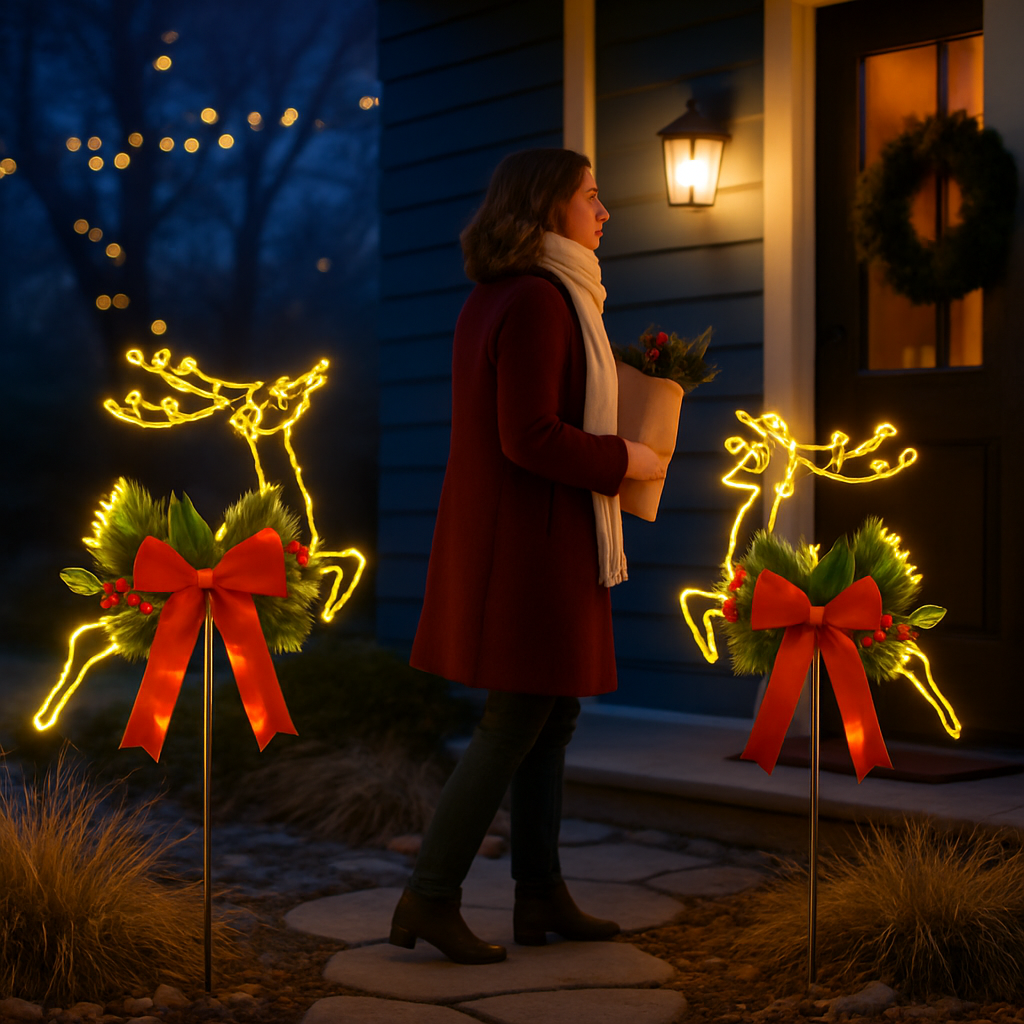2Pcs Christmas Lighted Reindeer Decoration LED Pathway Stake Lights Battery Powered for Outdoor Garden Lawn Porch Front Door Patio Holiday Decor
