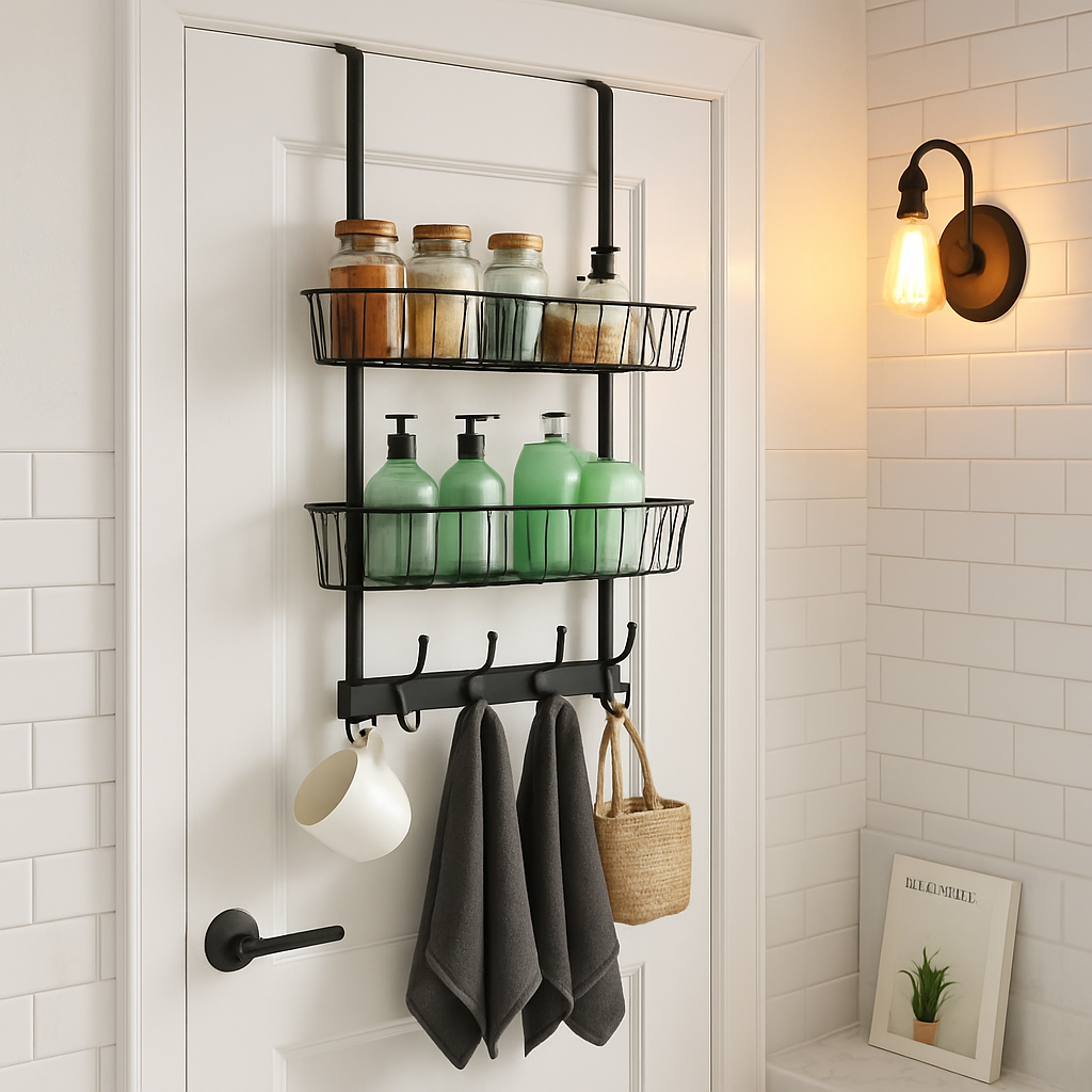 Over The Door Hooks Organizer with 5 Hooks and 2 Baskets