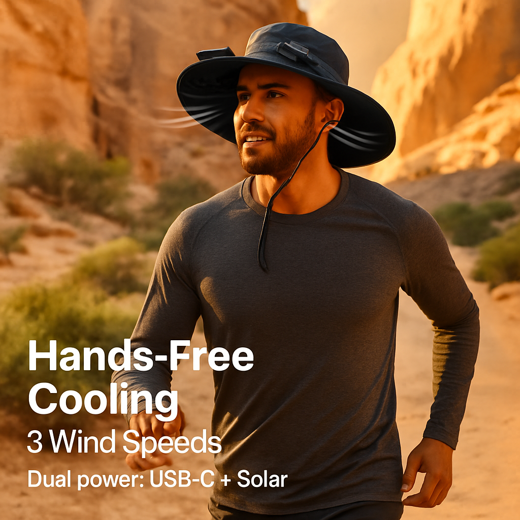 Wide Brim Sun Hat with 2 Solar-Powered Fans