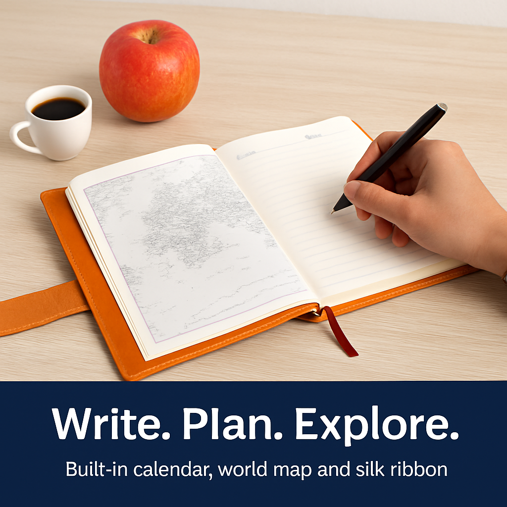 PU Leather Cover Notebook Memopad with Calendar World Map and Silk Ribbon