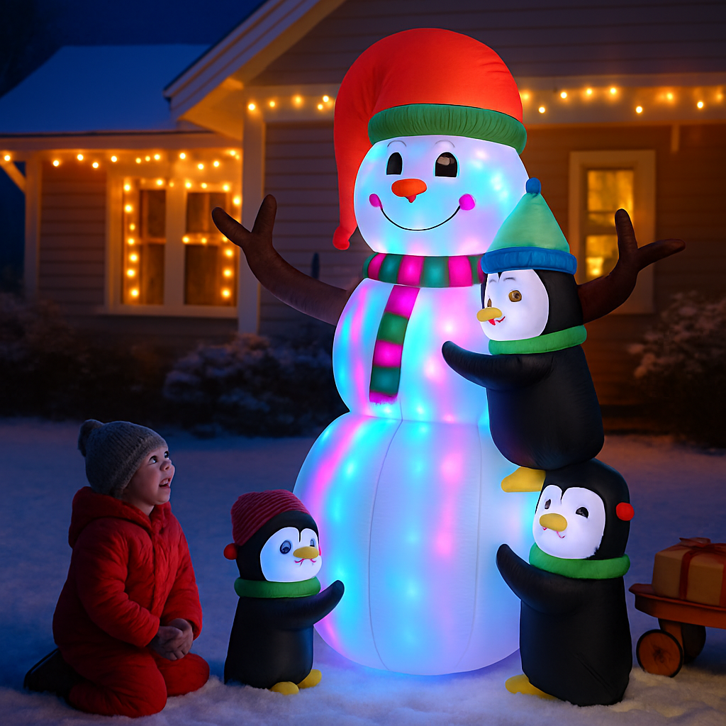 Decoración navideña inflable de muñeco de nieve y pingüino para jardín