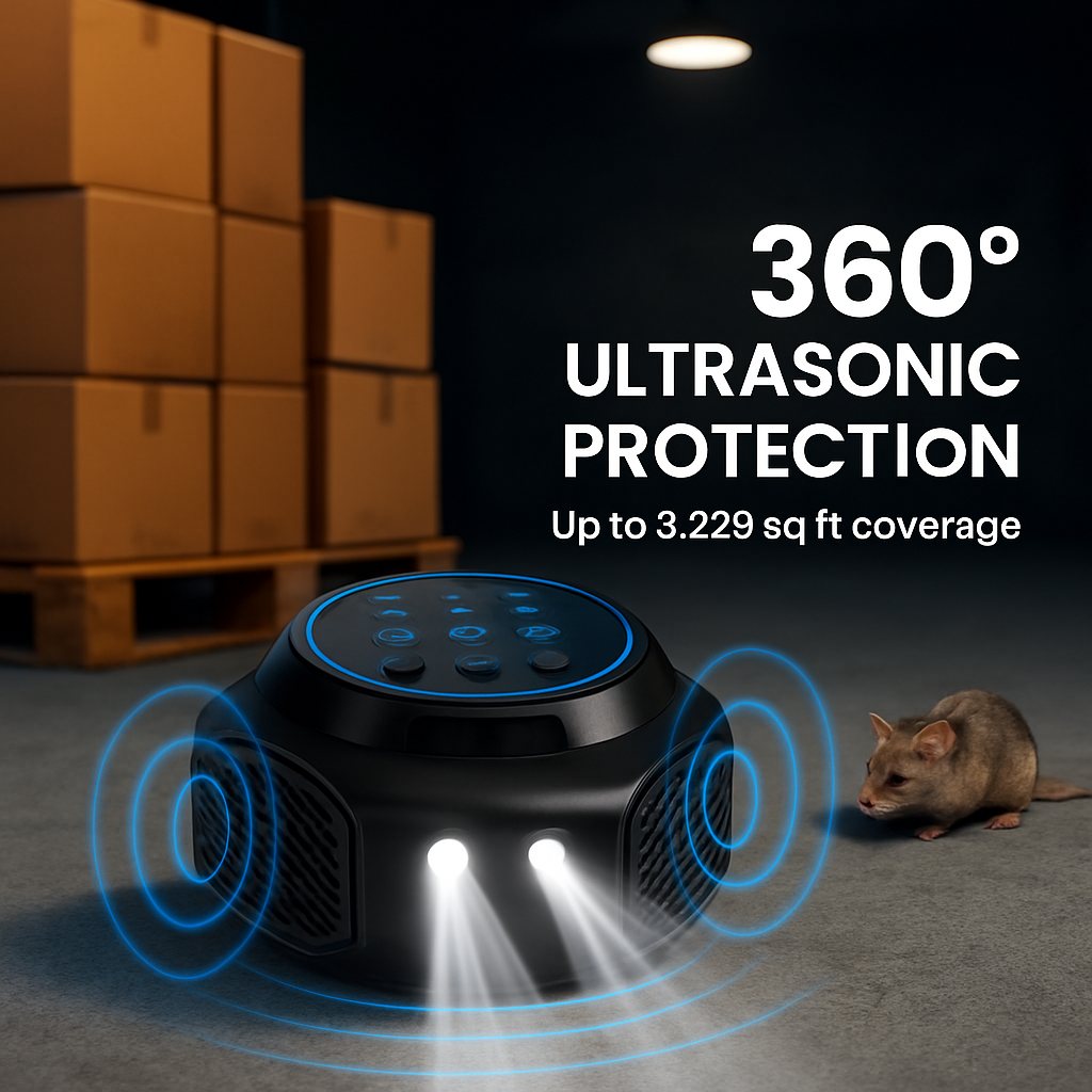 Repelente ultrasónico de ratones de 360° para interiores, ahuyentador de roedores, ratas y ardillas con 3 modos y 2 luces estroboscópicas para cocina y almacén