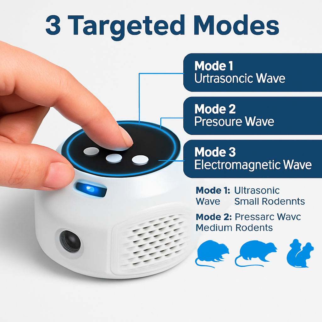 Repelente ultrasónico de ratones de 360° para interiores, ahuyentador de roedores, ratas y ardillas con 3 modos y 2 luces estroboscópicas para cocina y almacén