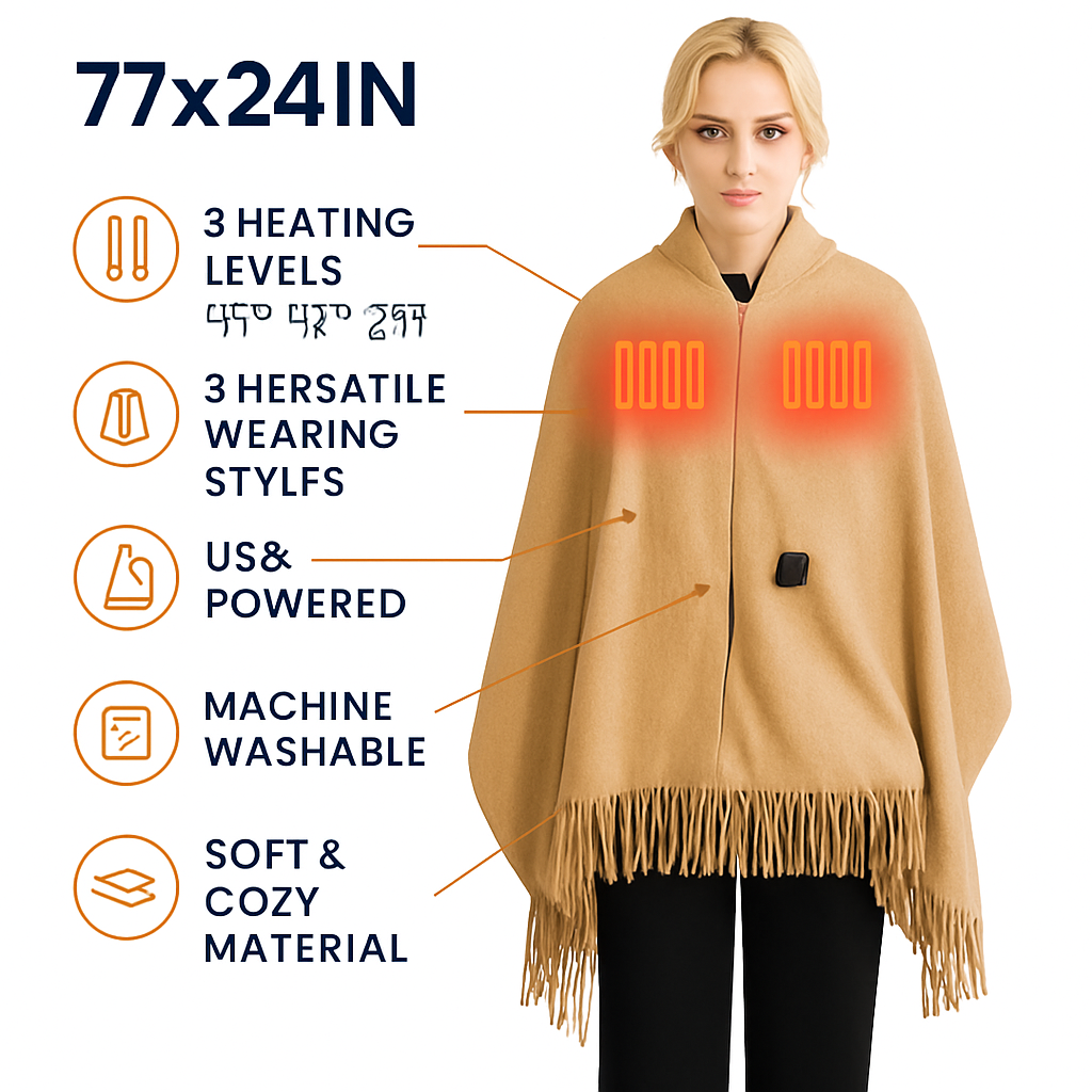 Chal califactor USB de 77x24 pulgadas, manta térmica portátil, cobija eléctrica con cremallera, 3 niveles de calor, lavable a máquina para interiores y exteriores