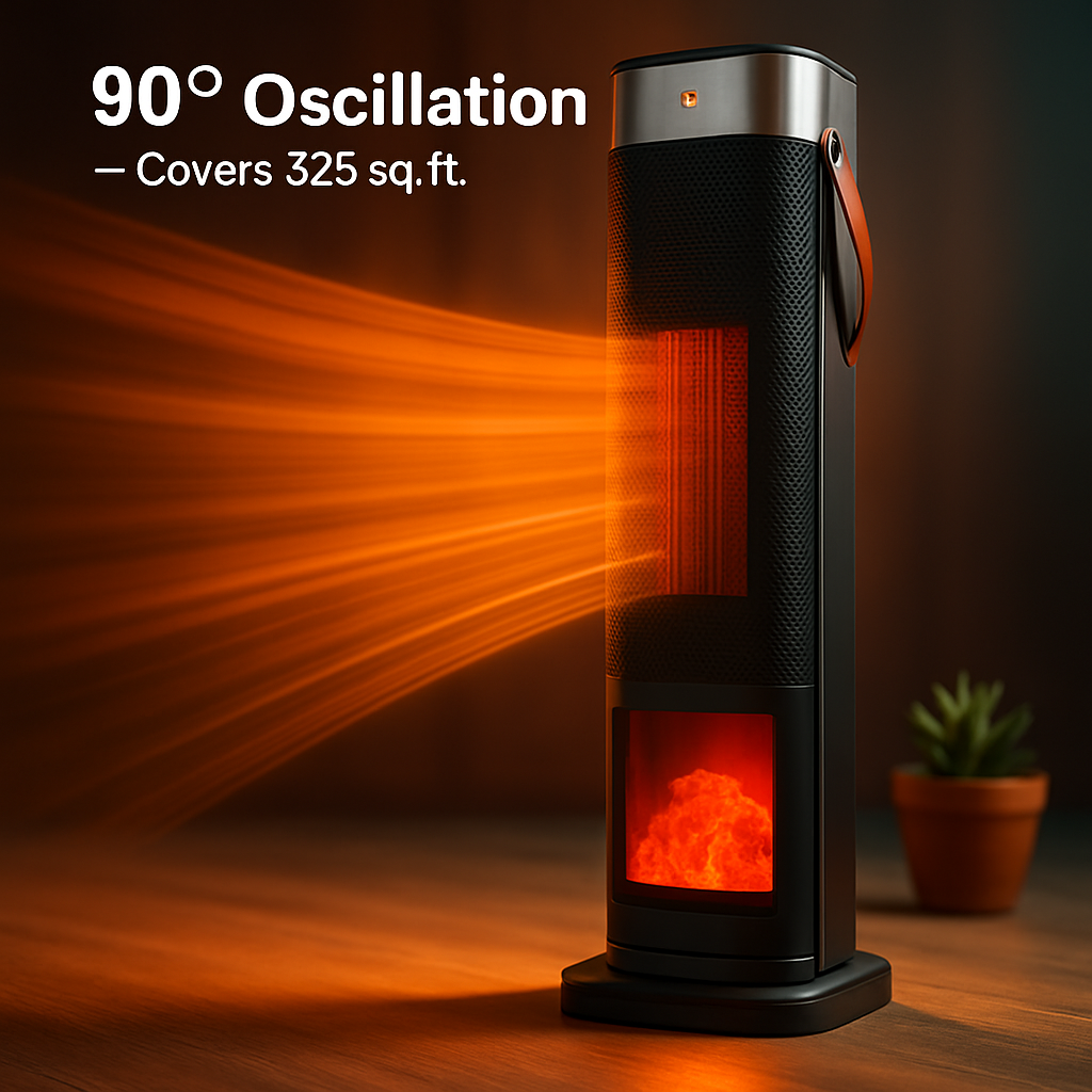 Calefactor de torre cerámico oscilante de 1500W con efecto de llama 3D, calefactor eléctrico portátil con 3 modos de viento, rango de temperatura de 59-104℉, control remoto, temporizador de 12H y protección contra sobrecalentamiento