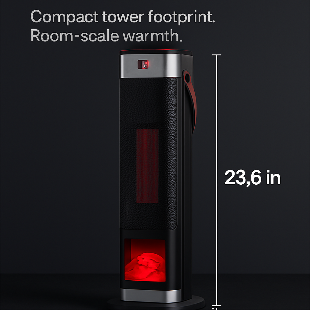 Calefactor de torre cerámico oscilante de 1500W con efecto de llama 3D, calefactor eléctrico portátil con 3 modos de viento, rango de temperatura de 59-104℉, control remoto, temporizador de 12H y protección contra sobrecalentamiento