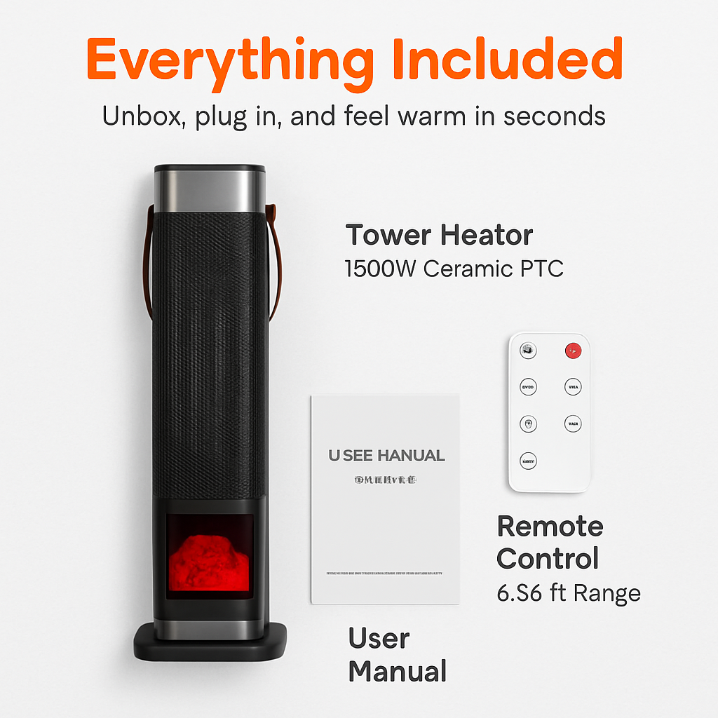Calefactor de torre cerámico oscilante de 1500W con efecto de llama 3D, calefactor eléctrico portátil con 3 modos de viento, rango de temperatura de 59-104℉, control remoto, temporizador de 12H y protección contra sobrecalentamiento