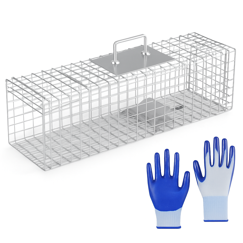 Live Animal Trap Cage 27x7.5x8in Folding Catch and Release Steel Humane Cat Trap for Racoons Stray Cats Rabbits Beavers Hedgehogs Chipmunk Small Anima