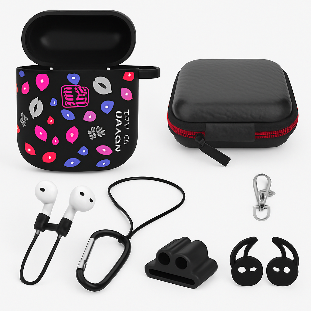 Estuche con funda de silicona, correa y ganchos para las orejas