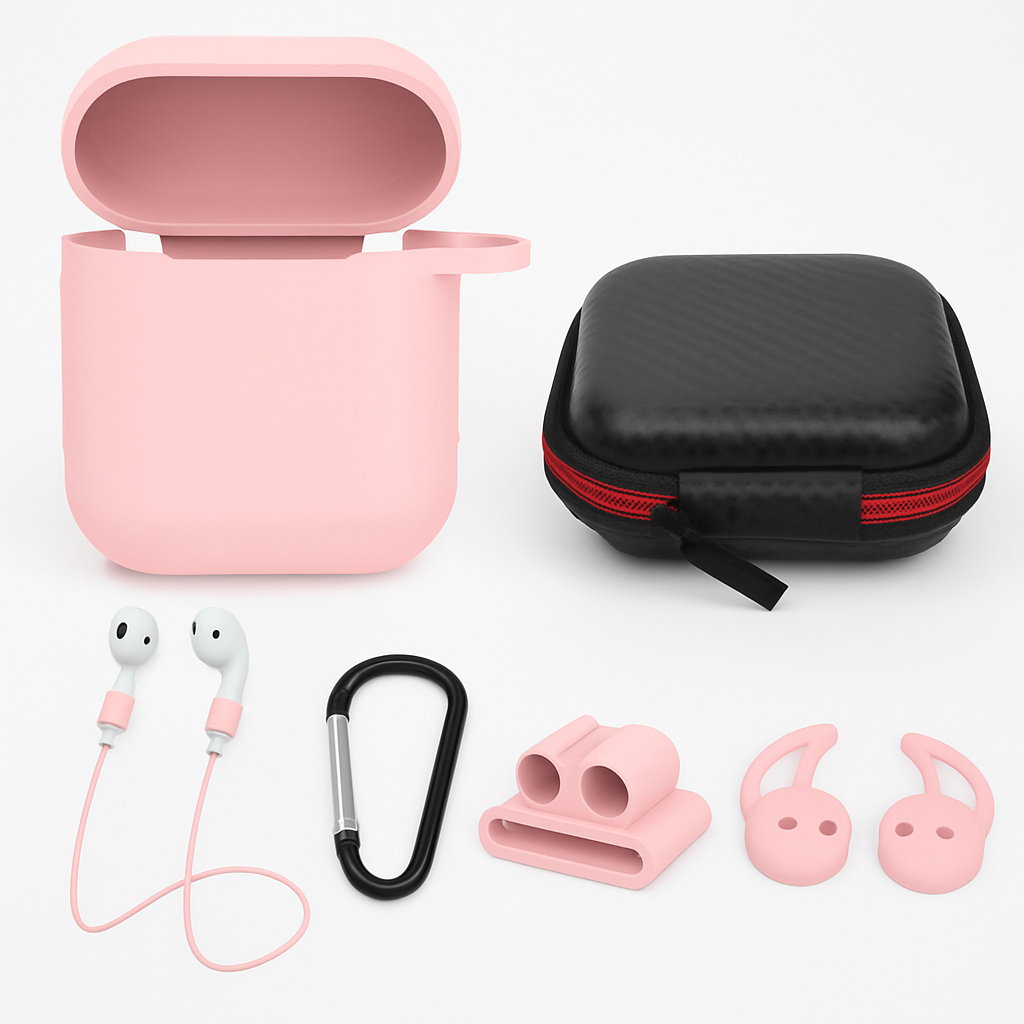 Estuche con funda de silicona, correa y ganchos para las orejas