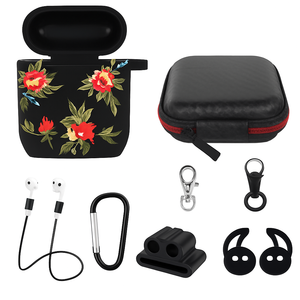 Estuche con funda de silicona, correa y ganchos para las orejas