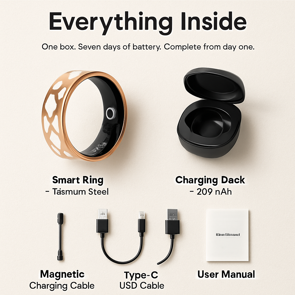 Smart Ring Health Tracker Fitness/Sleep/Stress/HRV Tracker with Charging Case Magnetic Charging Cable for Women & Men Compatible with iOS & Android 7-