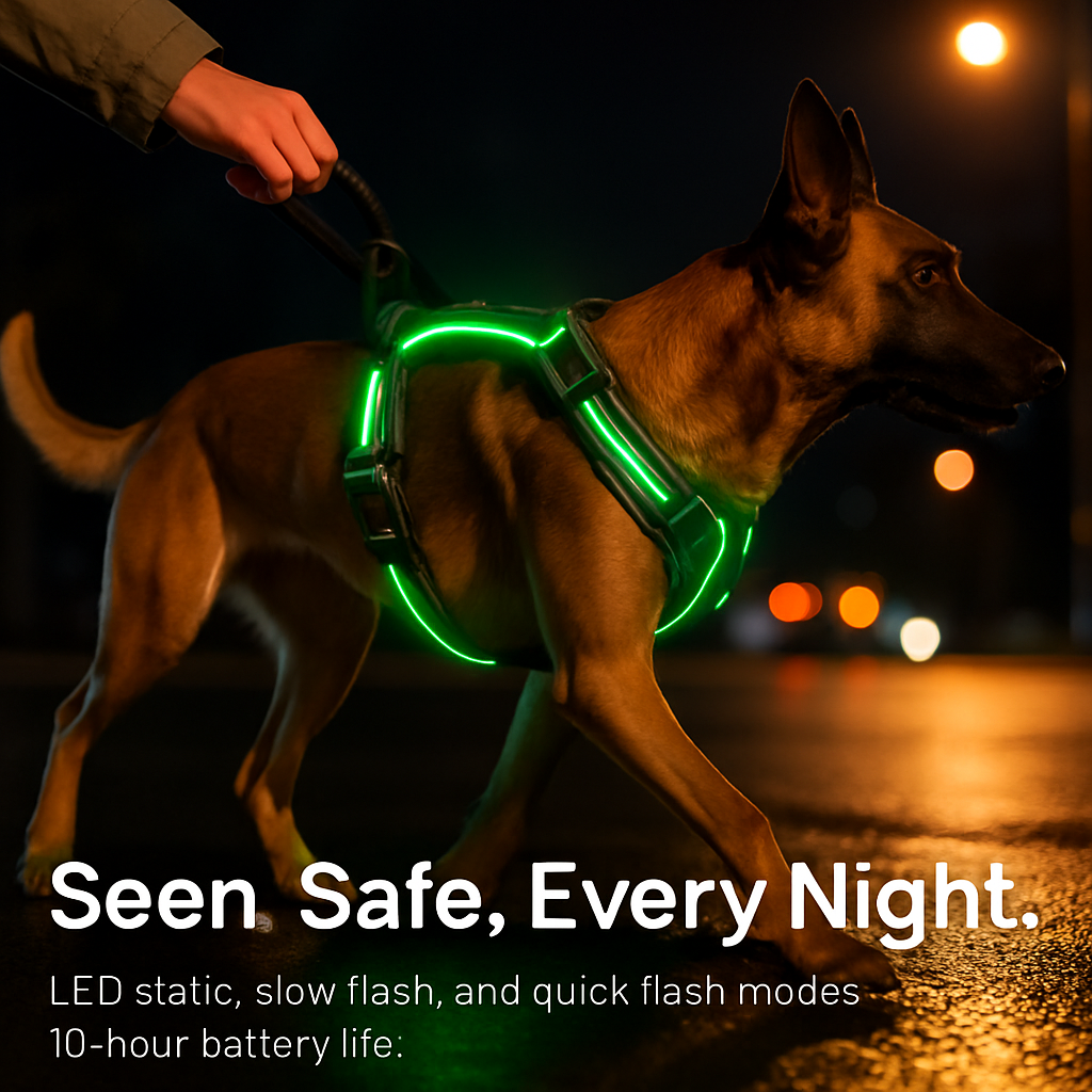 Light Up Dog Harness with Rechargeable LED Lights and Handle