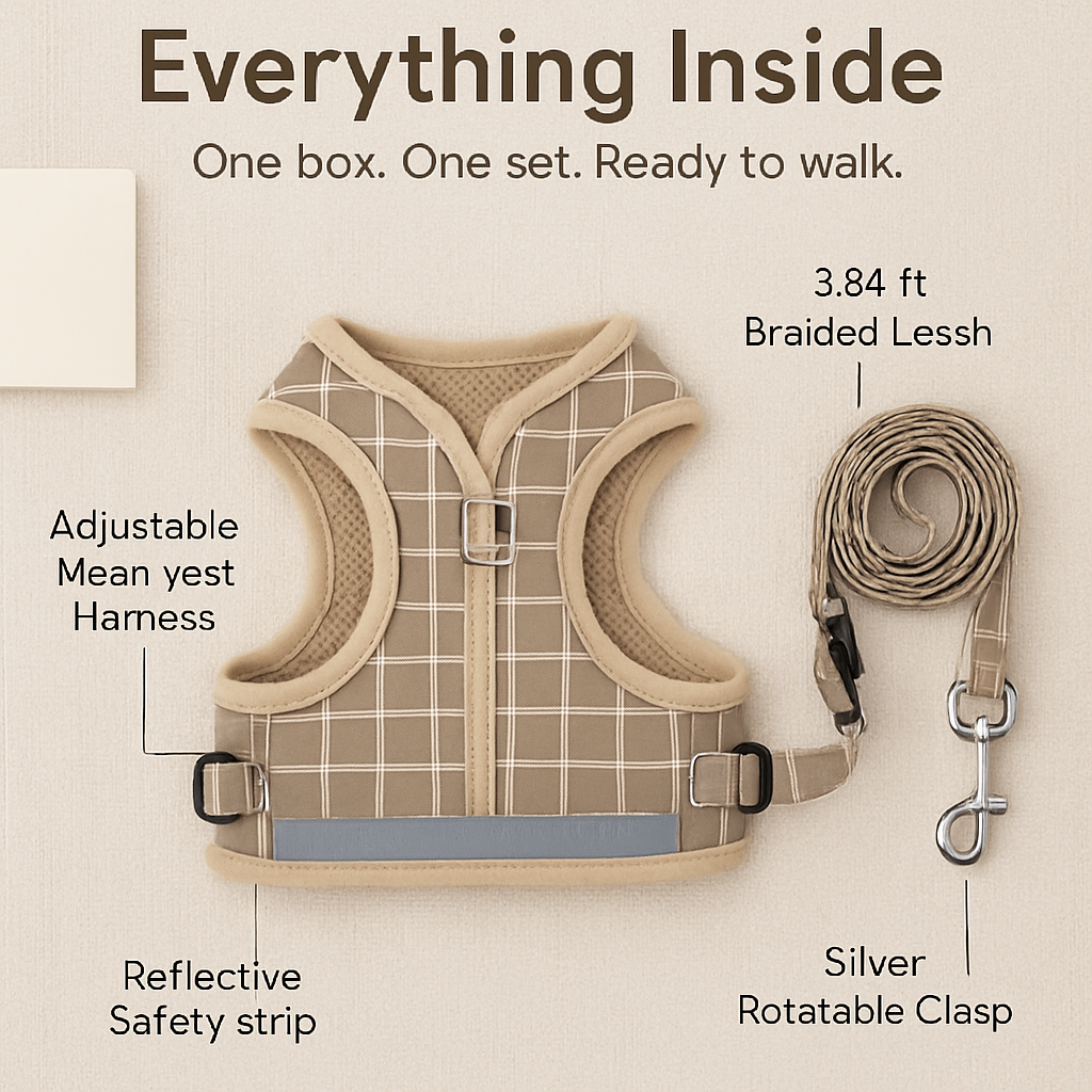 Pet Mesh Harness and Leash Set with Reflective Chest Strap