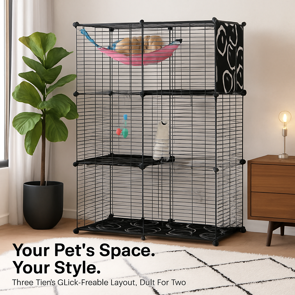 3-Tier Cat Cage Enclosure with Hammock & Toy Ball