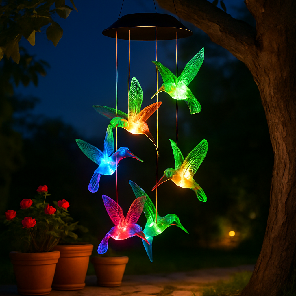 Campanilla de viento de colibrí solar con cambio de color