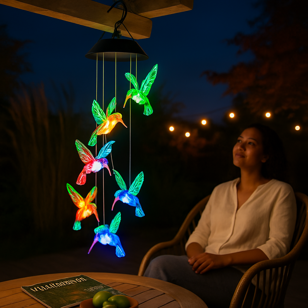 Campanilla de viento de colibrí solar con cambio de color