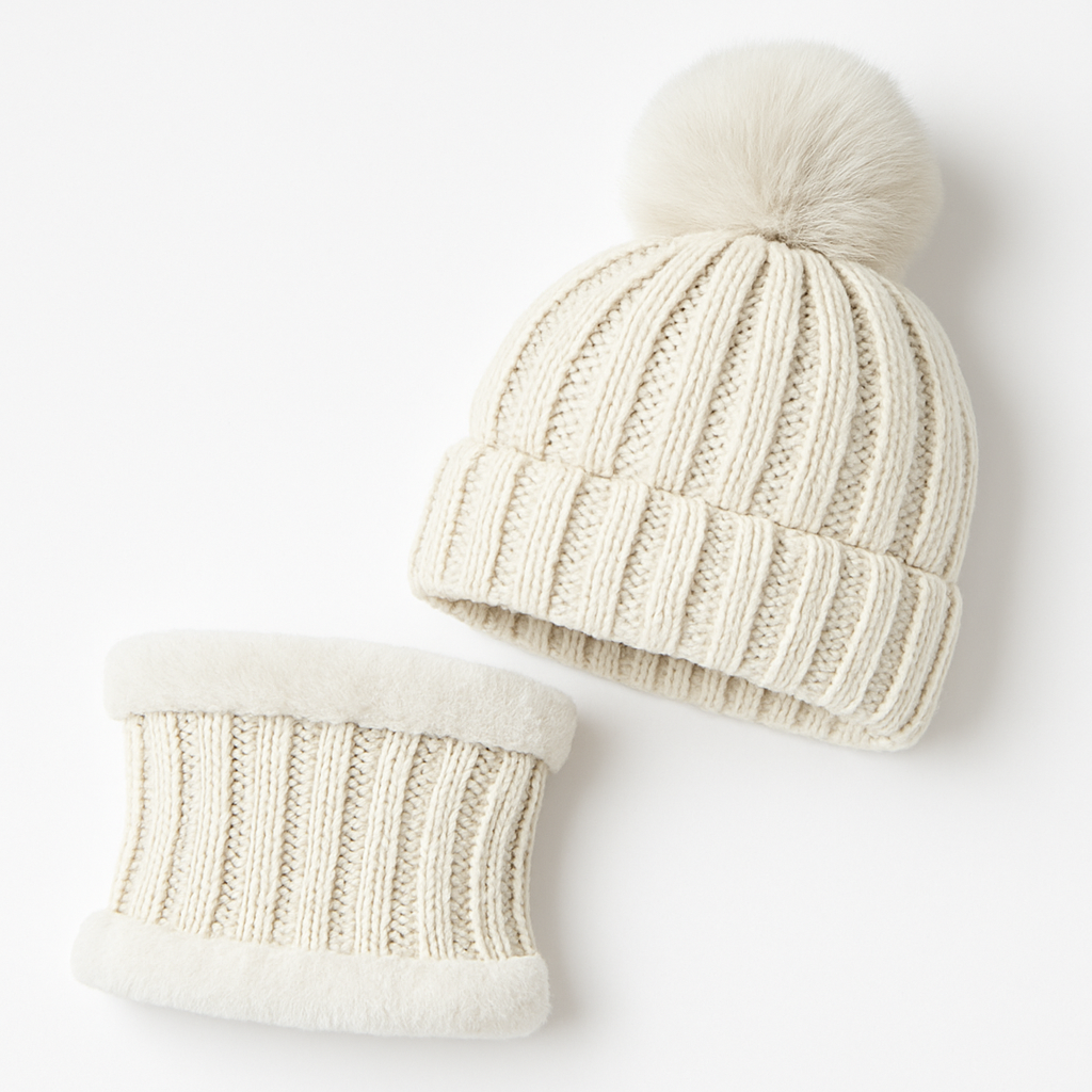 Set de gorro tipo beanie y bufanda de invierno para mujer - Tejido cálido 2 en 1