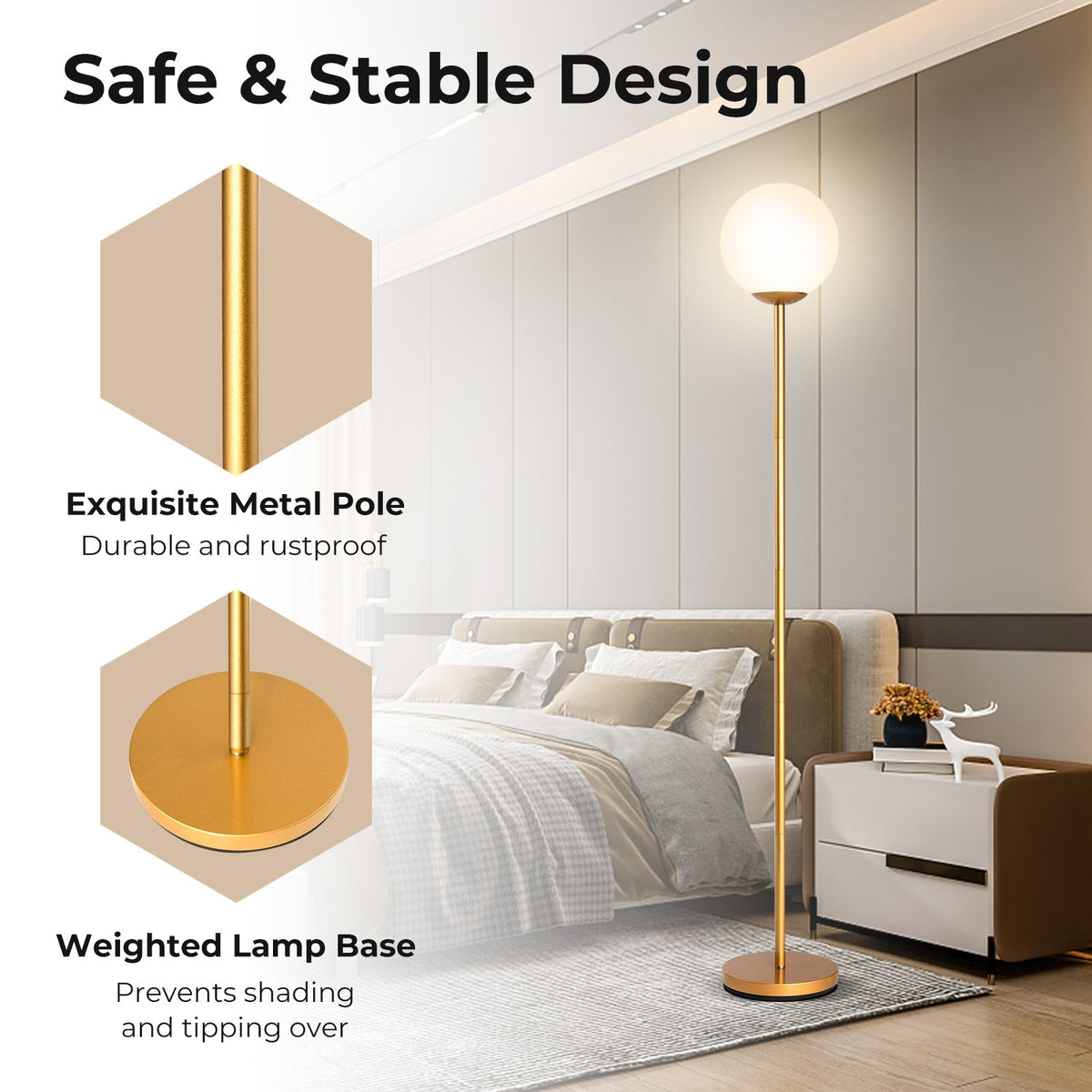 Glass Globe LED Floor Lamp with Glass Lampshade-Golden