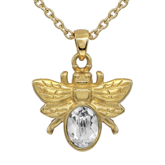 Gold Bee Necklace White Swarovski Crystal Pendant Delicate