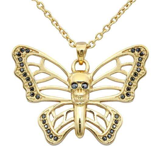 Gold Plated Butterfly Skull Pendant Necklace For Women