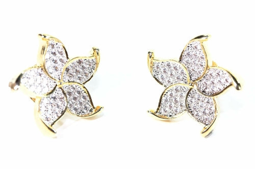 Gold Plated Flower Stud Earrings Cubic Zirconia Pave