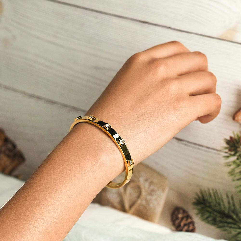 Gold Plated Hinged Bangle With Square Cubic Zirconia