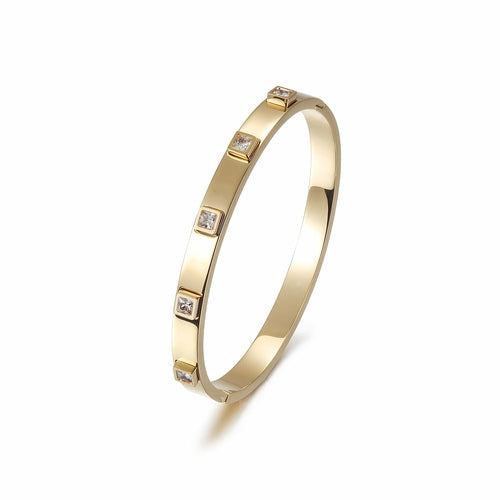 Gold Plated Hinged Bangle With Square Cubic Zirconia
