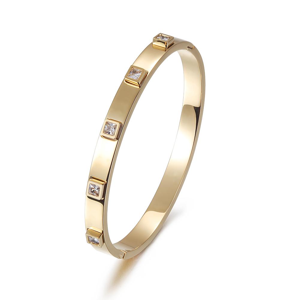 Gold Plated Hinged Bangle With Square Cubic Zirconia