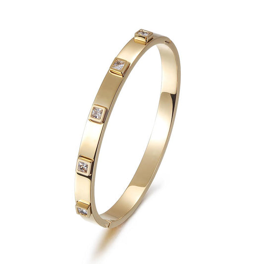 Gold Plated Hinged Bangle With Square Cubic Zirconia