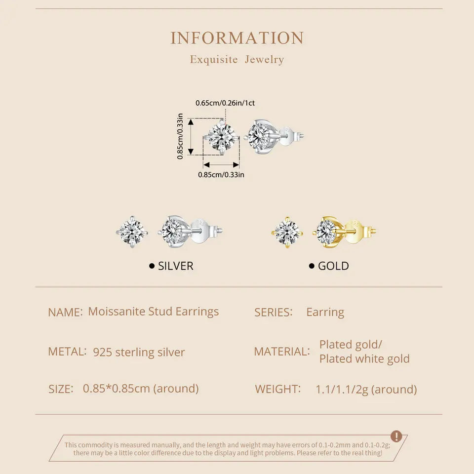 Gold Plated Moissanite Stud Earrings 925 Sterling Silver Engagement Bridal Gift