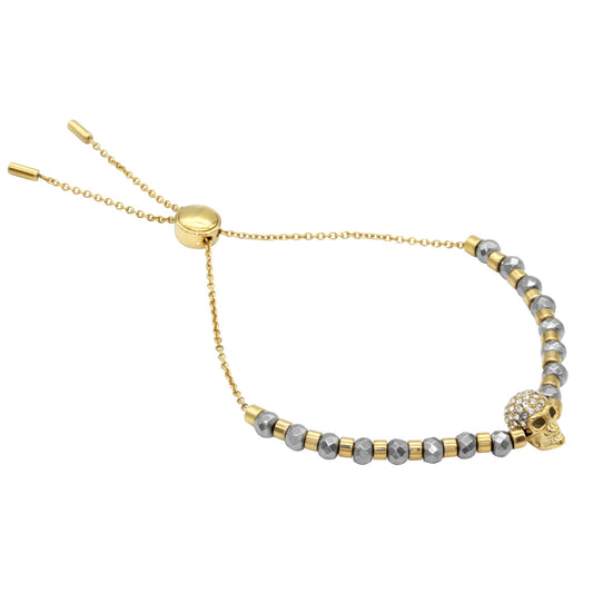Gold Skull Beaded Bracelet With Crystal Pave Accent