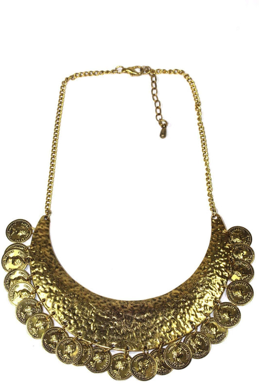 Gold Tone Coin Hammered Bib Pendant Statement Necklace