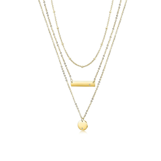 Gold Triple Layered Pendant Necklace Minimal Bar Disc