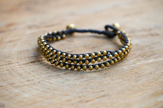 Gold Triple Strand Boho Brass Bracelet Adjustable Handmade