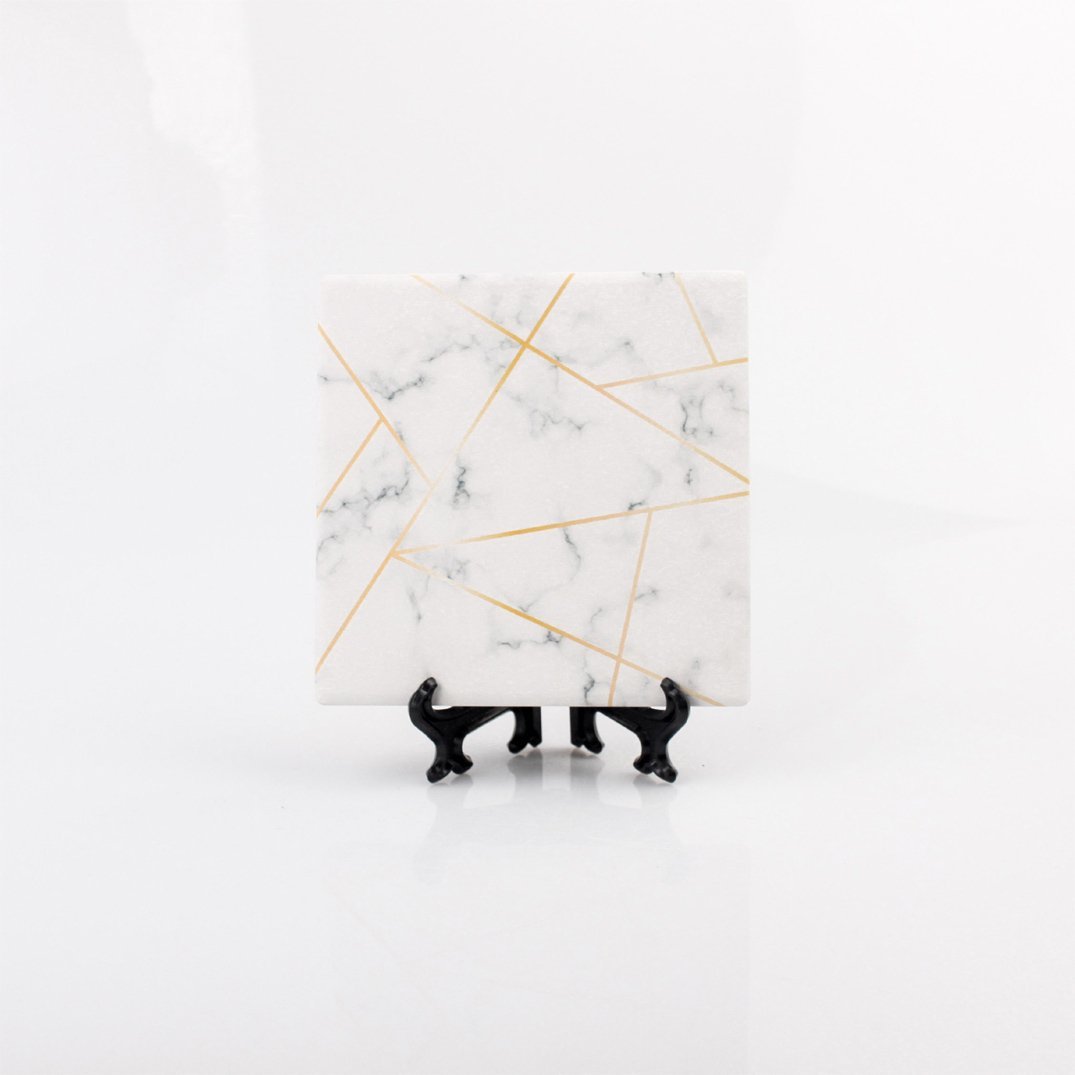 Golden Geometric Ceramic Coaster 4 Inch Cork Back Modern Thirsty Coaster Single Or Set