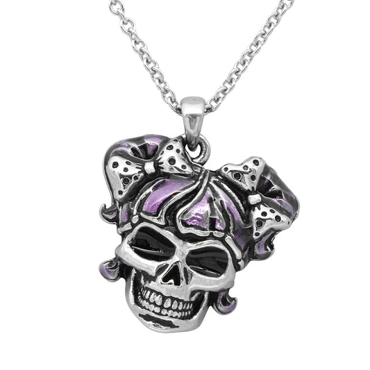 Goth Skull Pendant Necklace For Women Purple Bow Chain