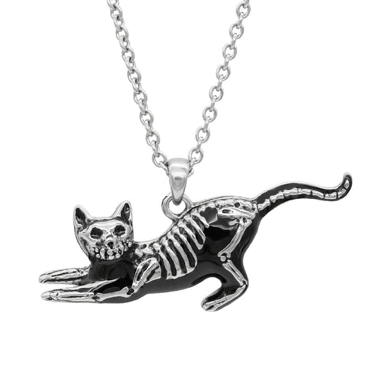 Gothic Cat Skeleton Pendant Necklace Sterling Silver