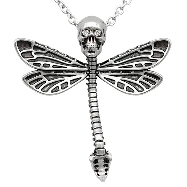 Gothic Dragonfly Skull Necklace Sterling Silver Pendant