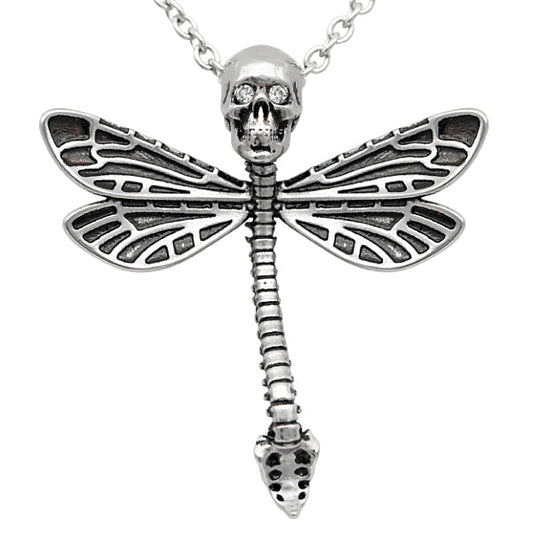 Gothic Dragonfly Skull Necklace Sterling Silver Pendant