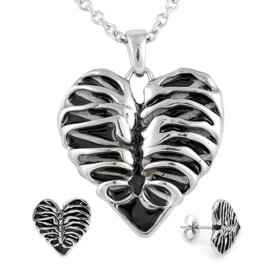 Gothic Rib Cage Heart Necklace And Earrings Jewelry Set