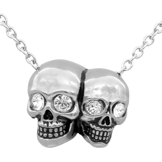Gothic Siamese Double Skull Necklace Silver Crystal