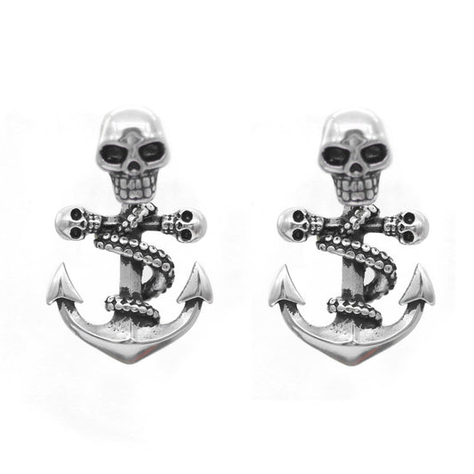 Gothic Skull Anchor Earrings Silver Nautical Punk Studs